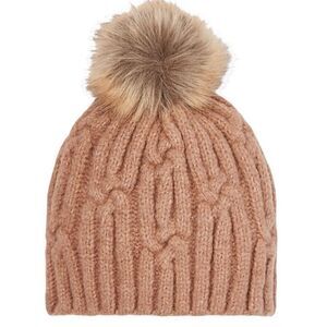Express Cafe Au Lait Cable Knit Beanie Faux Fur PomPom Winter Hat